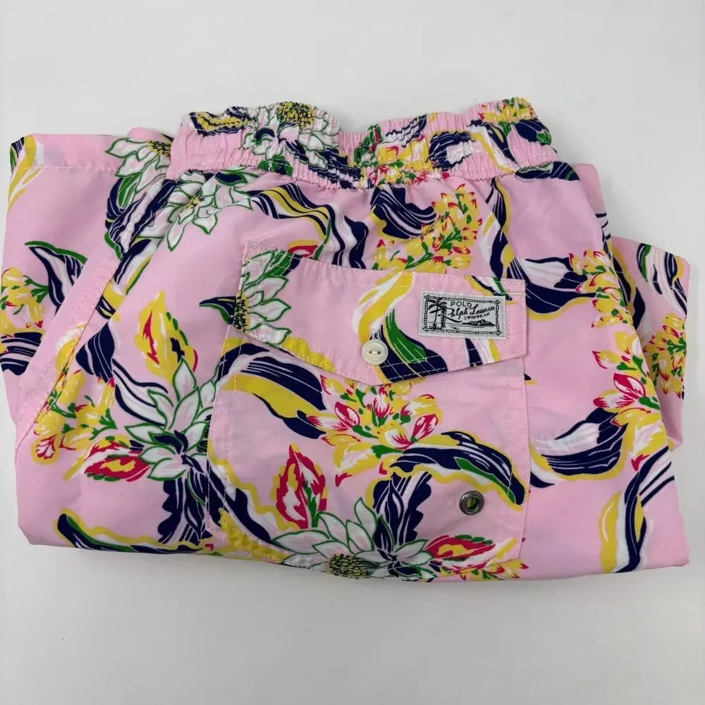 Polo Ralph Lauren Mens Large Pink Blue Floral Pattern Stretch Waist Swim Trunks